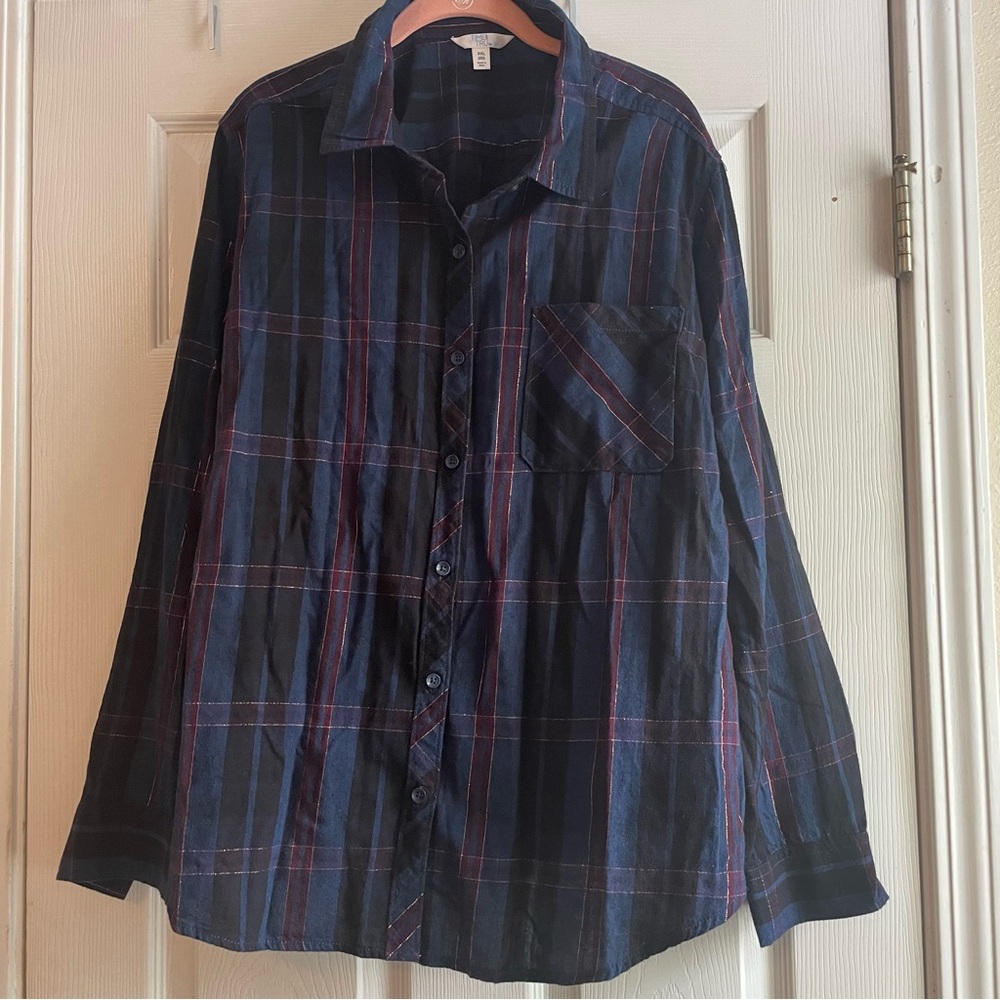 Time And Tru XXL Green Black Burgundy Gold Button Down Shirt